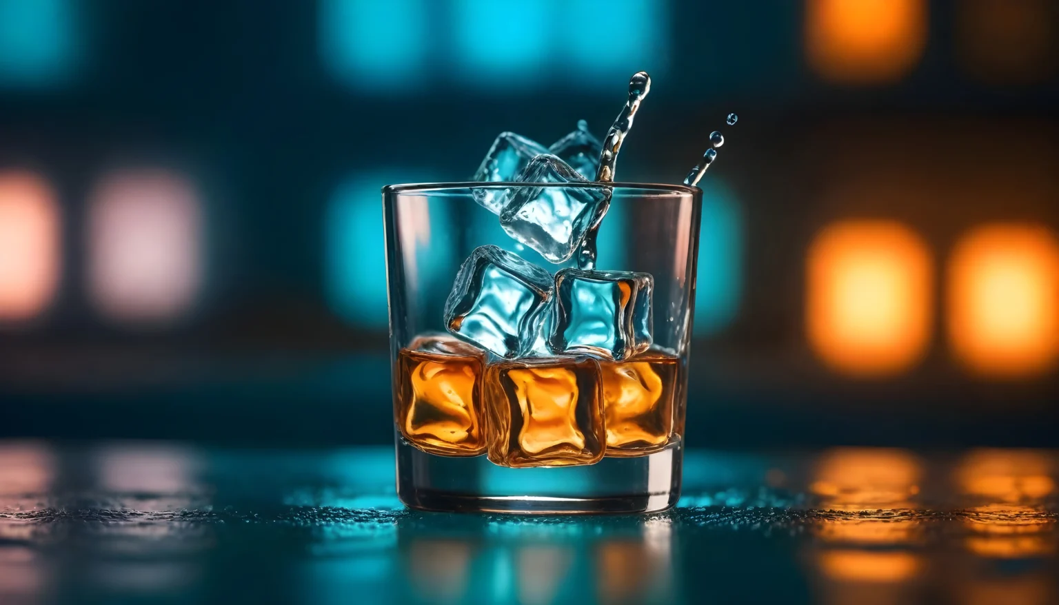 Cocktails on a bar counter under coloured light